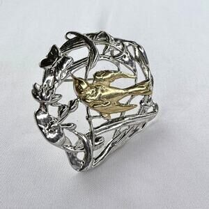 Vintage Jezlaine Sterling Silver Gold Swallow Brooch Art Nouveau Revival Pin 925